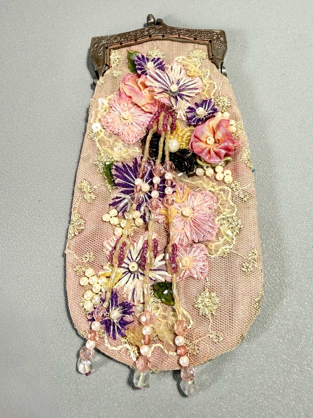 Wayne M Kleski Vintage Pink Silk & Mesh Floral Embroidered Beaded Clutch